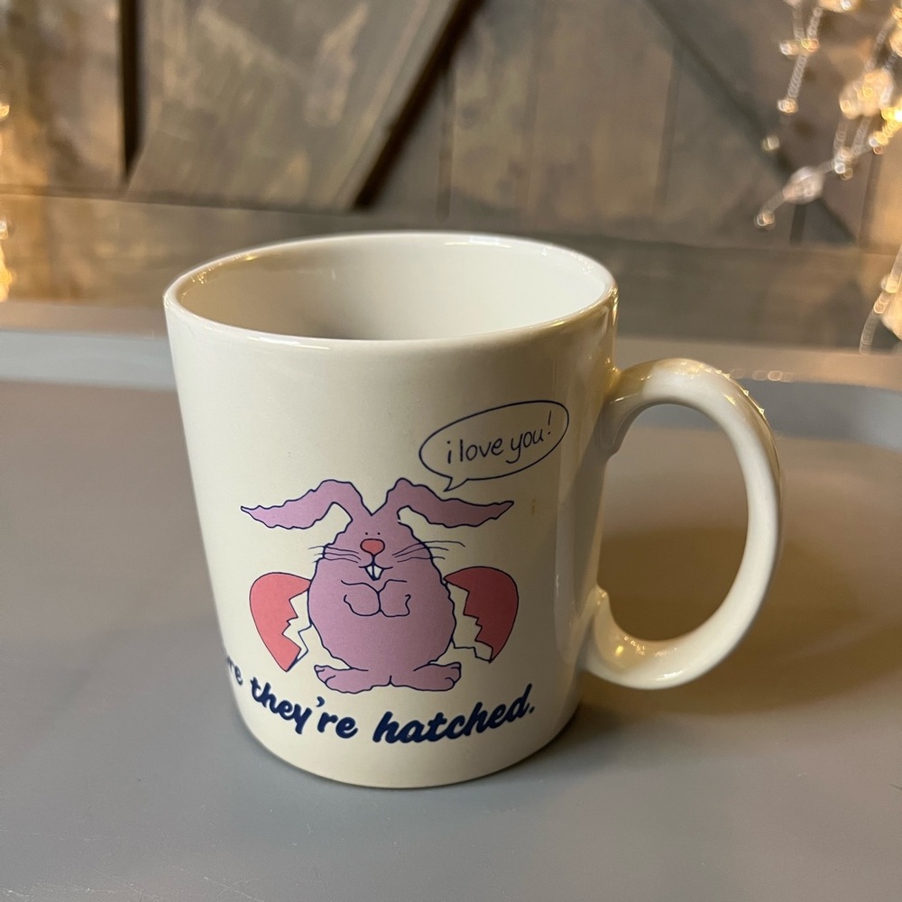 Easter(?) or Words of Wisdom Coffee Cup with Egg cracking open to be a Rabbit